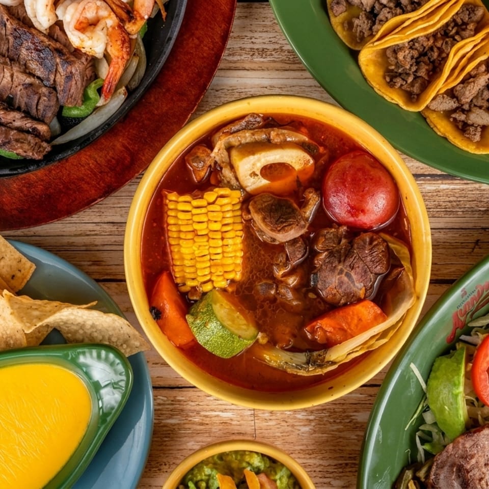 Overhead view of a wooden table laden with various Mexican dishes, including fajitas, tacos, soup, and nachos.