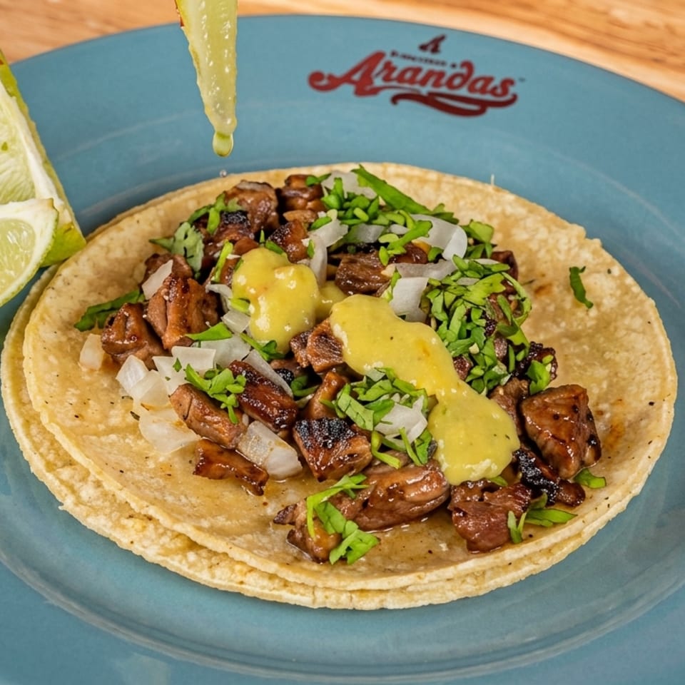 Lime being squeezed onto a taco with meat, onions, cilantro, and sauce on an Arandas plate.