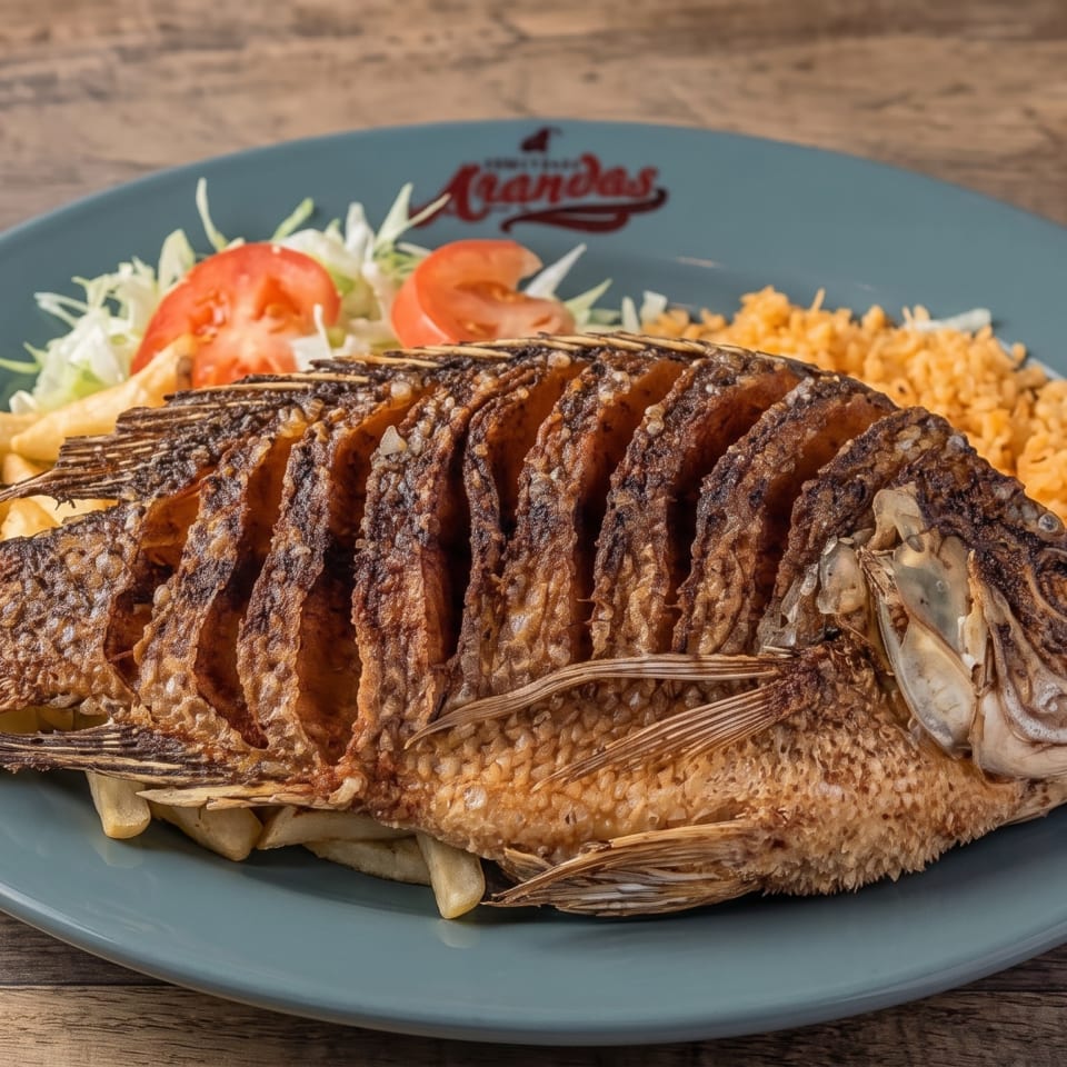 Whole fried fish served with French fries, rice, shredded lettuce, and sliced tomatoes on a blue plate.