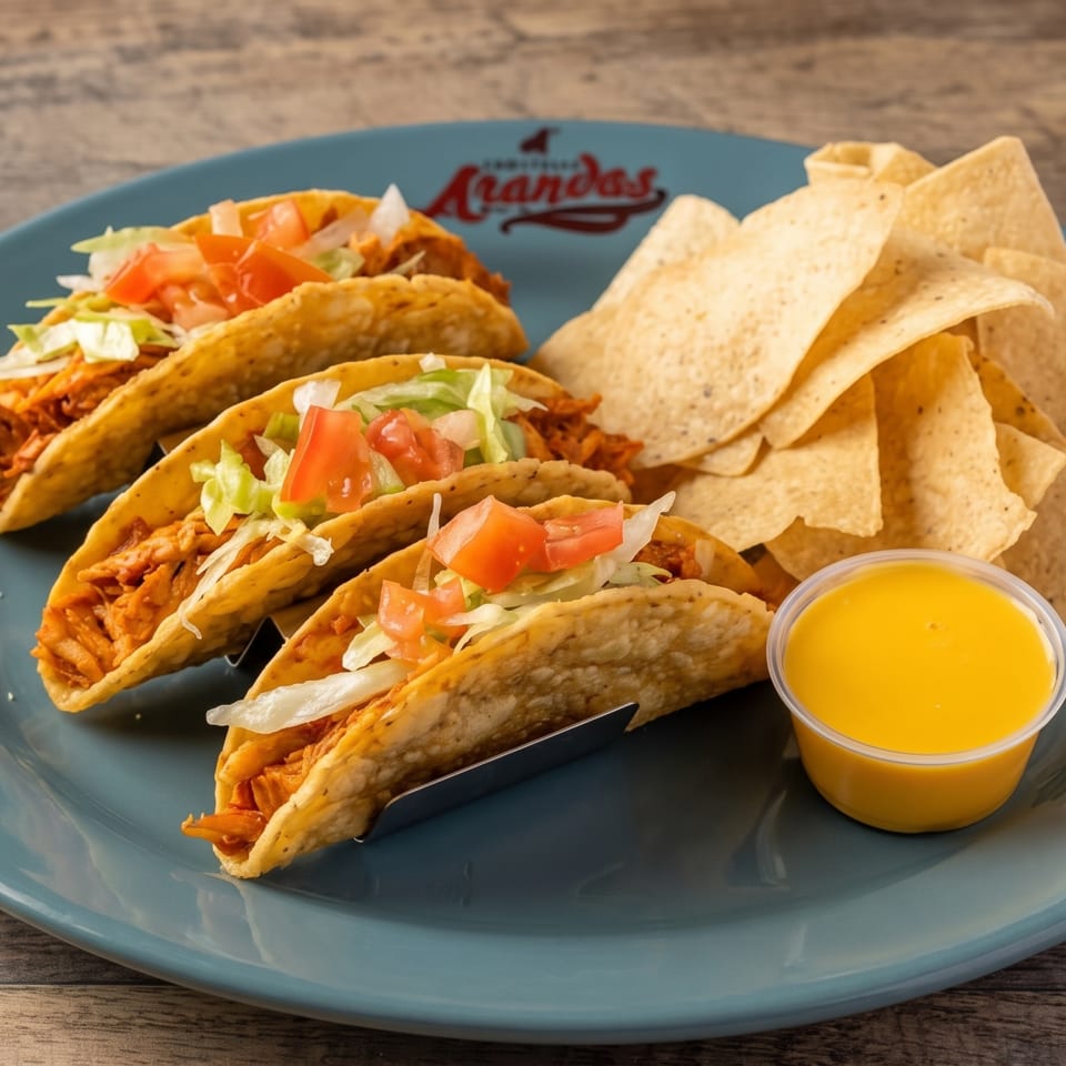 Three chicken tacos with lettuce and tomato, tortilla chips, and a side of cheese dip on a blue plate.