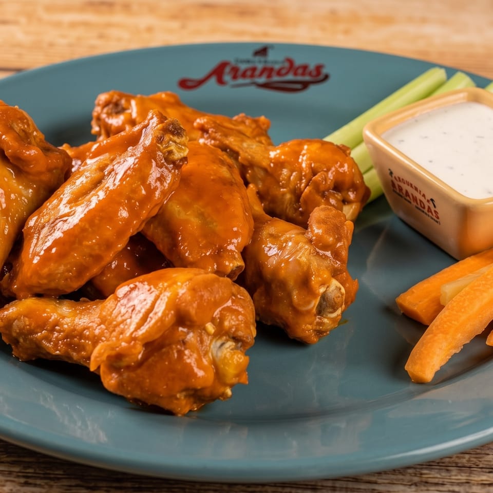 Arandas' buffalo wings with ranch dressing, celery, and carrot sticks on a blue plate.