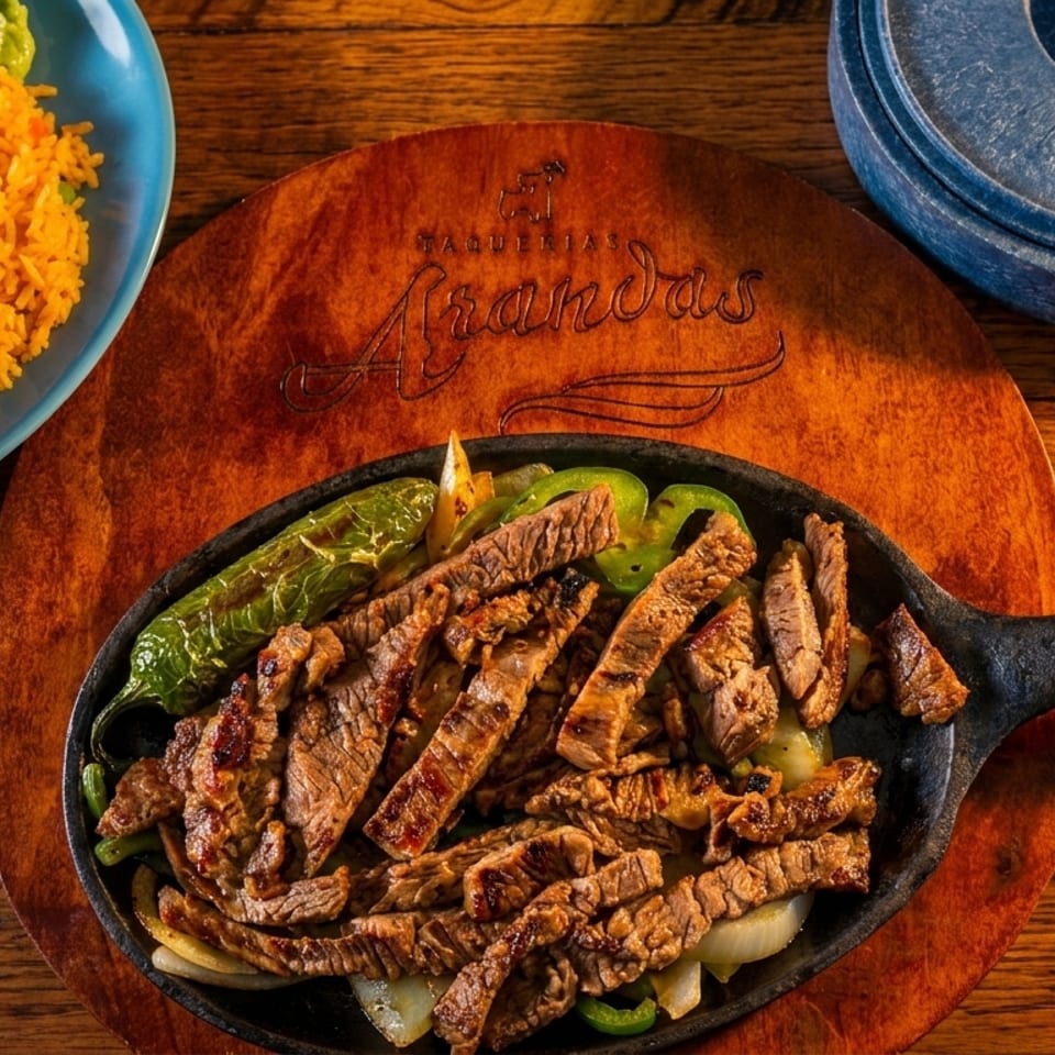 Sizzling steak fajitas with peppers and onions, served with rice, beans, and salad.