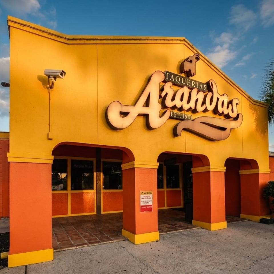 Exterior of Taquerias Arandas restaurant, a vibrant yellow and orange building with palm trees.
